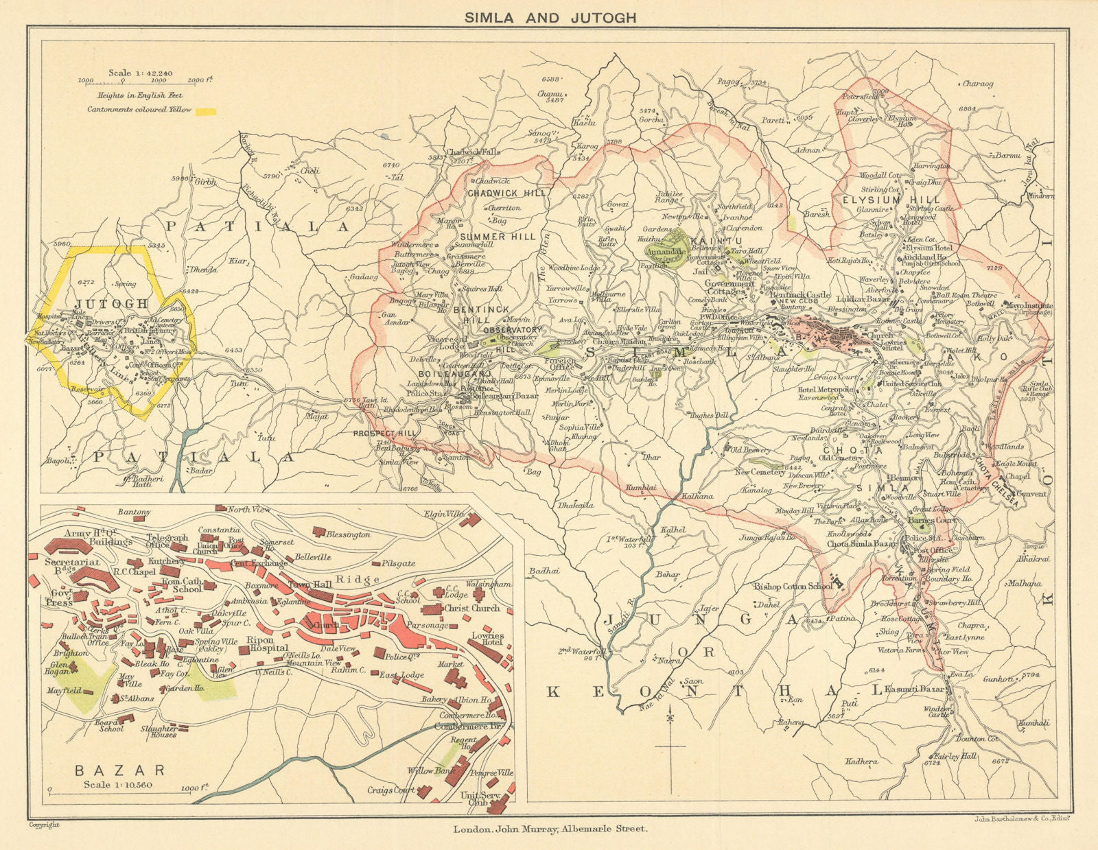 BRITISH INDIA. Simla (Shimla) & Jutogh cantonment; inset Lakkar Bazaar 1905 map